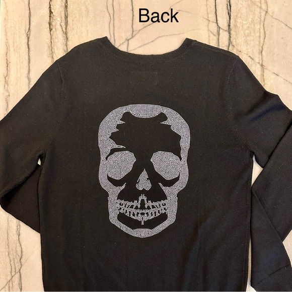 Pullover top, black merino wool fine, sheer knit, metal skull pattern on back. - Picture 3 of 7